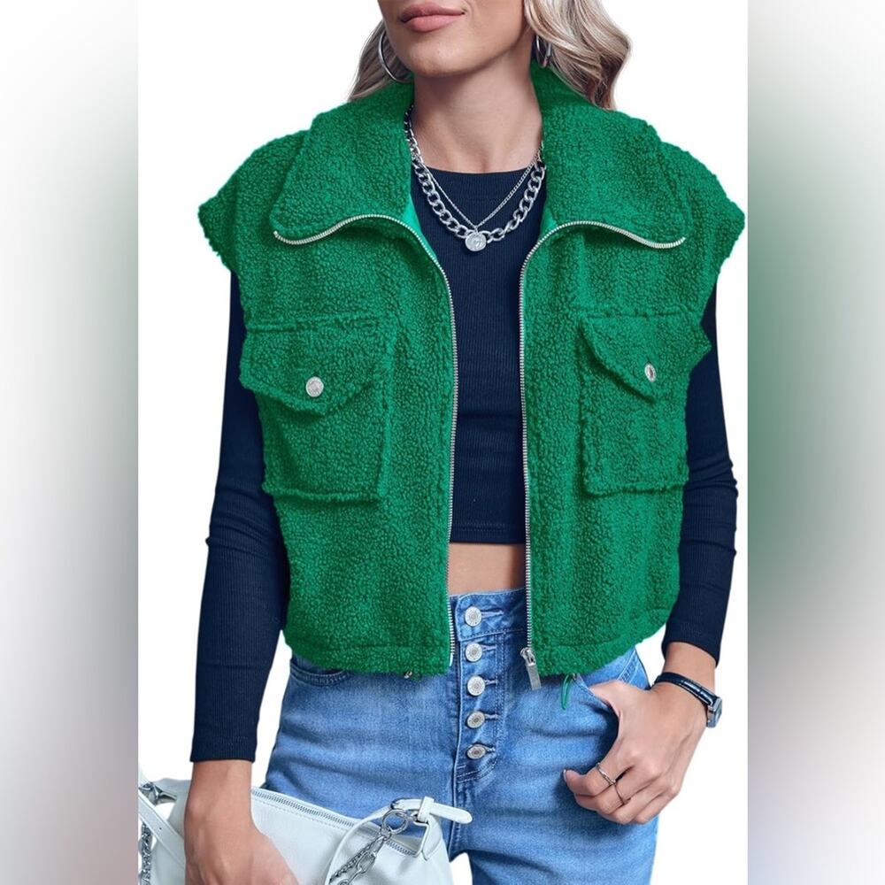 Emerald Green Sherpa Zip Cargo Pocket Vest- Size XXL